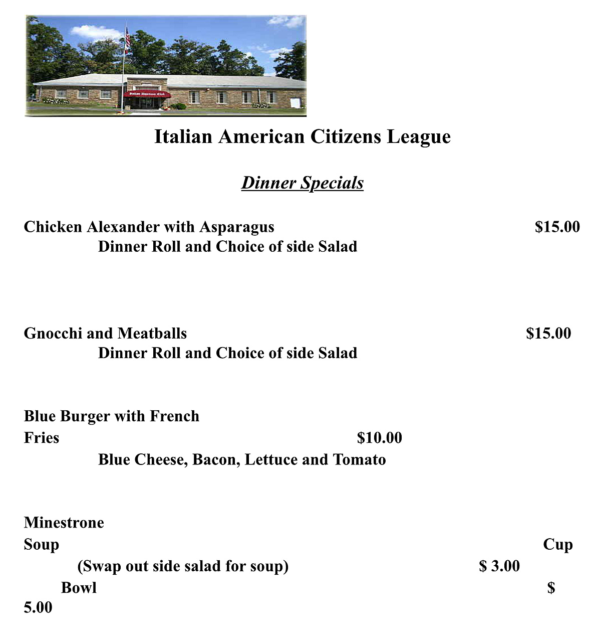 Dinner Specials Nov Dec 2019